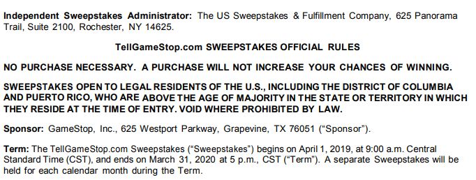Tellgamestop.com Survey's Sweepstakes Rules and Regulations